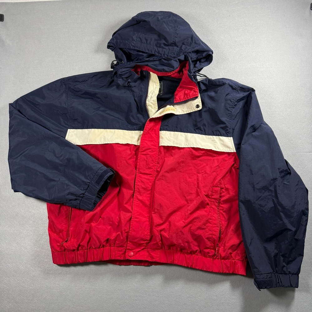 Vintage Eddie Bauer Jacket Mens XL Navy Red Windbreaker Hooded Nylon Color Block